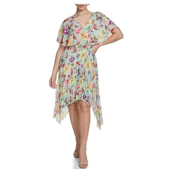 Not For Sale Kensie Dress Women 6 Green Mini Crinkle Floral Flutter - Picture 3 of 10